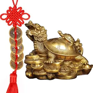 Amperer Feng Shui Brass Dragon Turtle Statue Wealth Prosperity Sculpture with Set of 5 Lucky Charm Ancient Coins on Red String Best Housewarming Congratulatory Gift Home Decor (C2 Dragon Turtle)