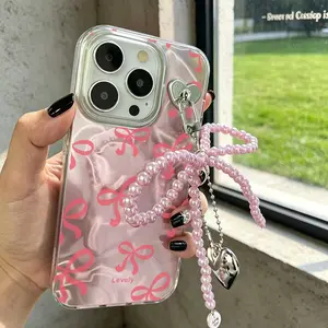 Cute Pink Heart Bow Print Pearl Chain Lanyard Phone Case For iPhone 17 14 12 11 Pro Max 16 15 13 Pro SE 2020 16 15 7 8 Plus XS Max XR X PC Cover Cases