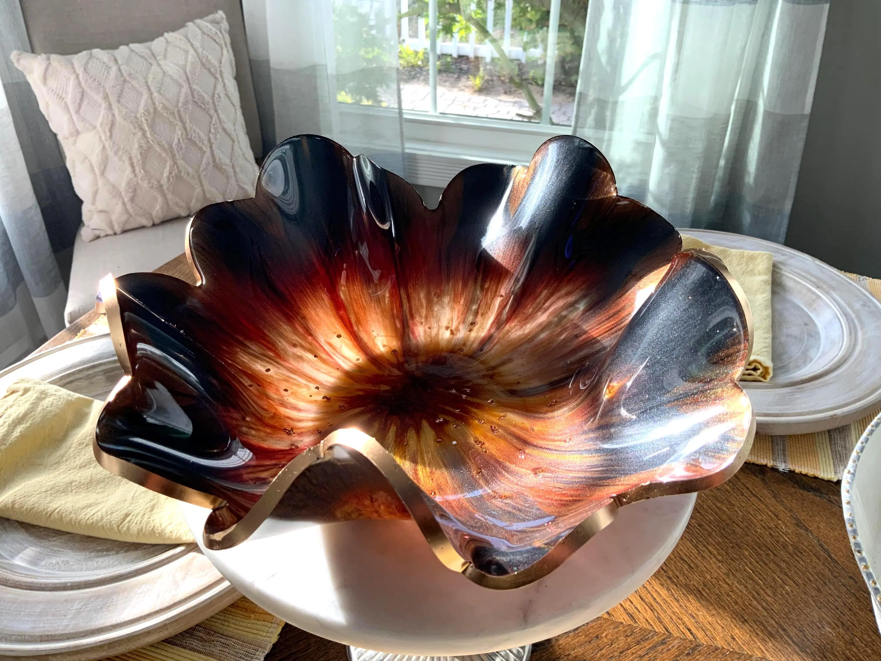 Resin Mocha Latte Decorative Bowl with Bronze-Colored Metallic Edge - Glam, Unique Kitchen Tableware for Fruit, Room Decor, House Decor Serving Dish