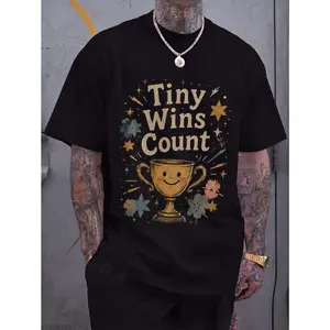Tiny Wins Count Smiling Trophy Vintage Distressed Graphic Tee With Stars Floral Accents Retro Cute Illustration Printed Tee Casual Wear Unisex Top Streetwear Style Aesthetic Tee Soft Fabric Trendy Design Everyday Summer Shirt Gift Idea
