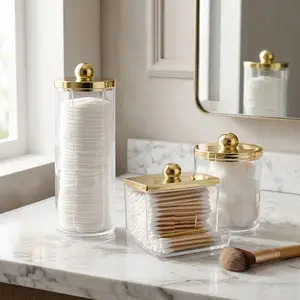 3-Piece Qtip Holder Set, Bathroom Organizers for Cotton Balls, Cotton Swabs, Cotton Pads, Dental Floss, and Hair Ties—Vanity Storage Jars and Dispenser Holder, Round