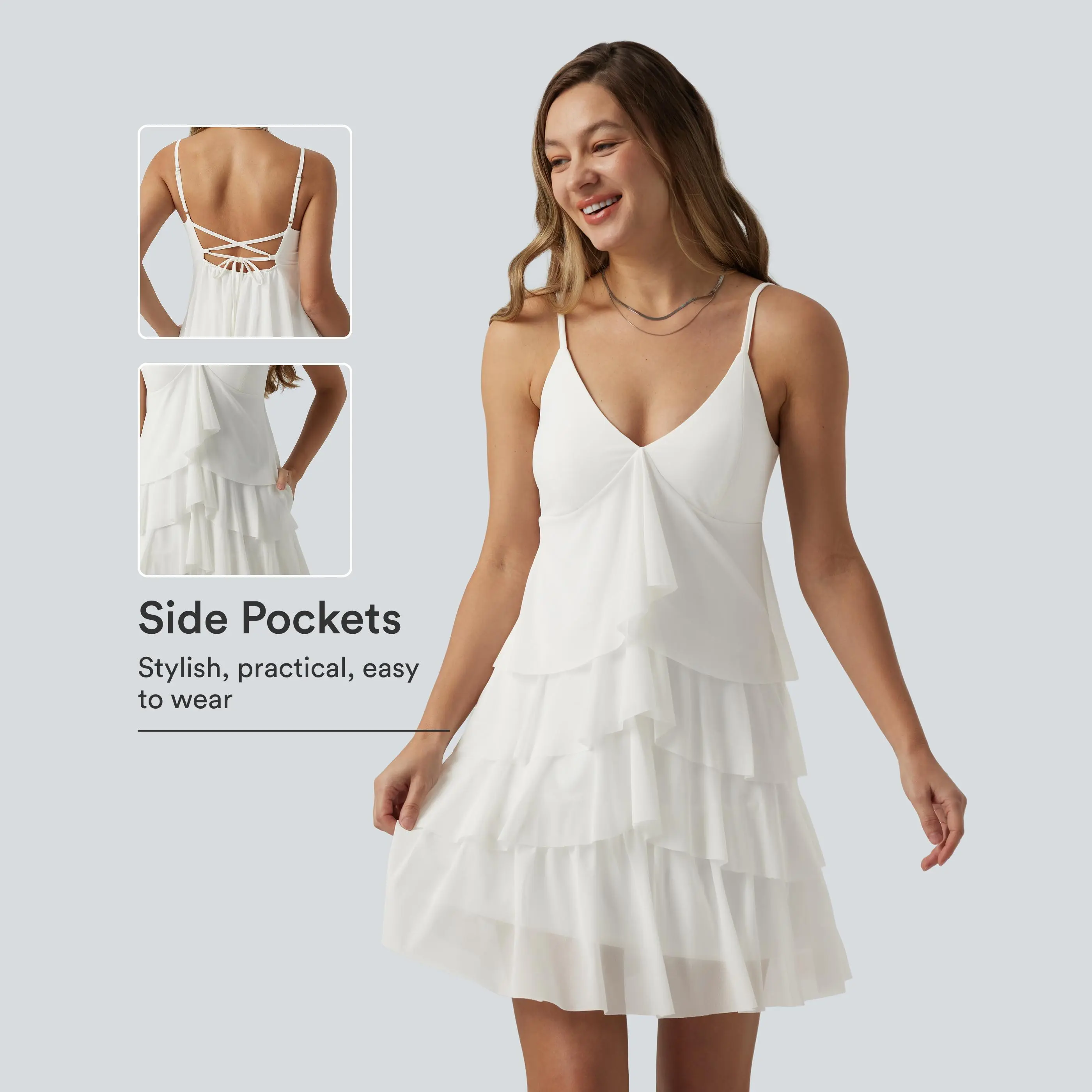 Halara Crisscross Backless Mesh Overlay Built-in Bra Mini Casual Tiered Slip Dress with Pockets