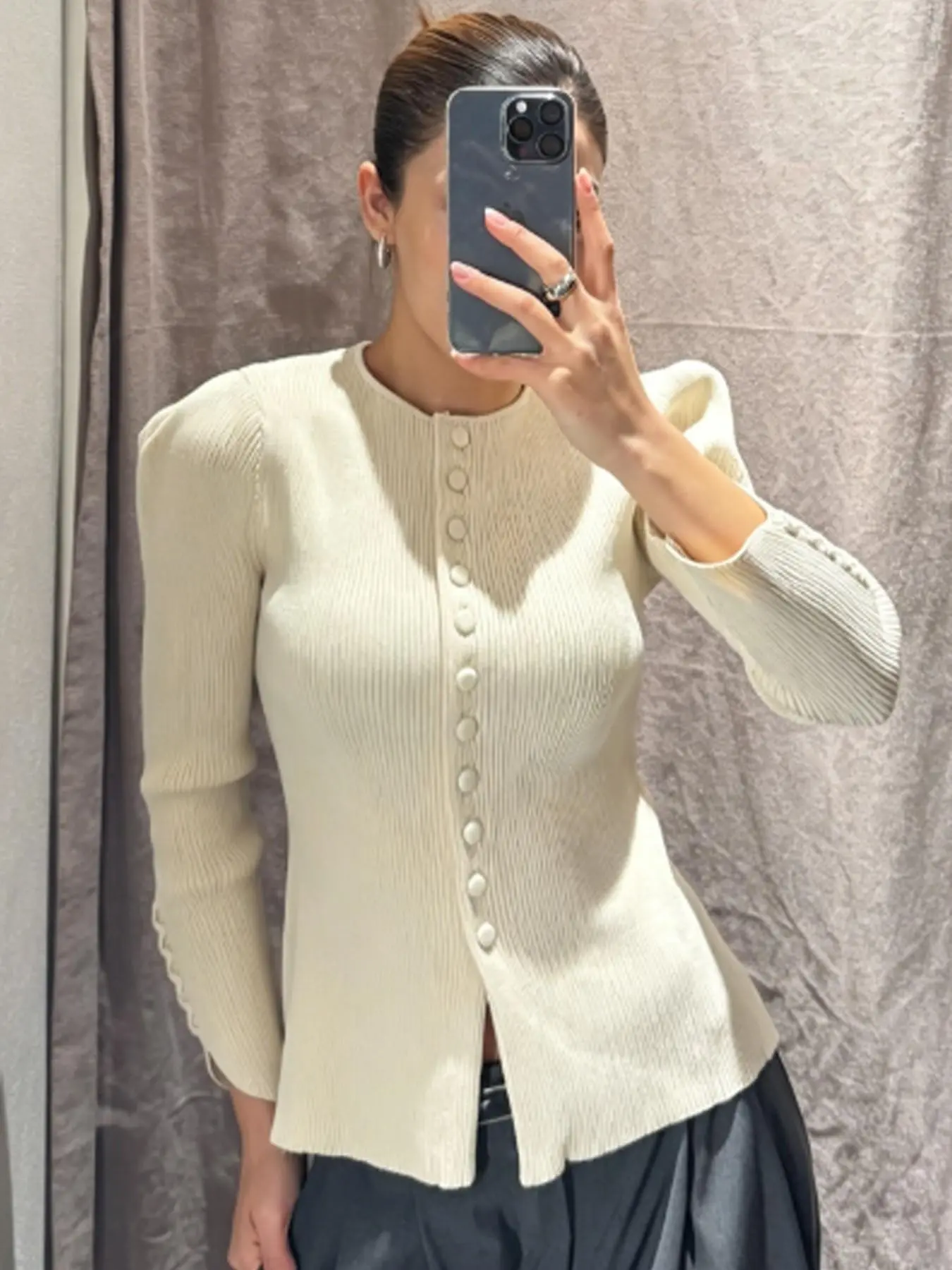 Fashion Cream Ribbed Knit Cardigan Women Spring Summer 2026 Crop Off White Asymmetric Tops For Woman Long Sleeve Puff Sleeve Slim Button Up Sweaters Elegant Office Look & Casual High Street Cardigan Knitwear Womenswear Casual Fitted Knitwear