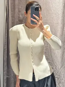 Fashion Cream Ribbed Knit Cardigan Women Spring Summer 2026 Crop Off White Asymmetric Tops For Woman Long Sleeve Puff Sleeve Slim Button Up Sweaters Elegant Office Look & High Street Cardigan