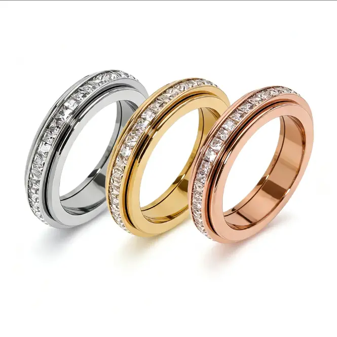 3 Pack Set Anxiety Rings for Women and Men Titanium Steel Spinner Fidget Band Rings with Cubic Zirconia for Stress Relief and Wedding Promise (Comfort Fit Size 8)