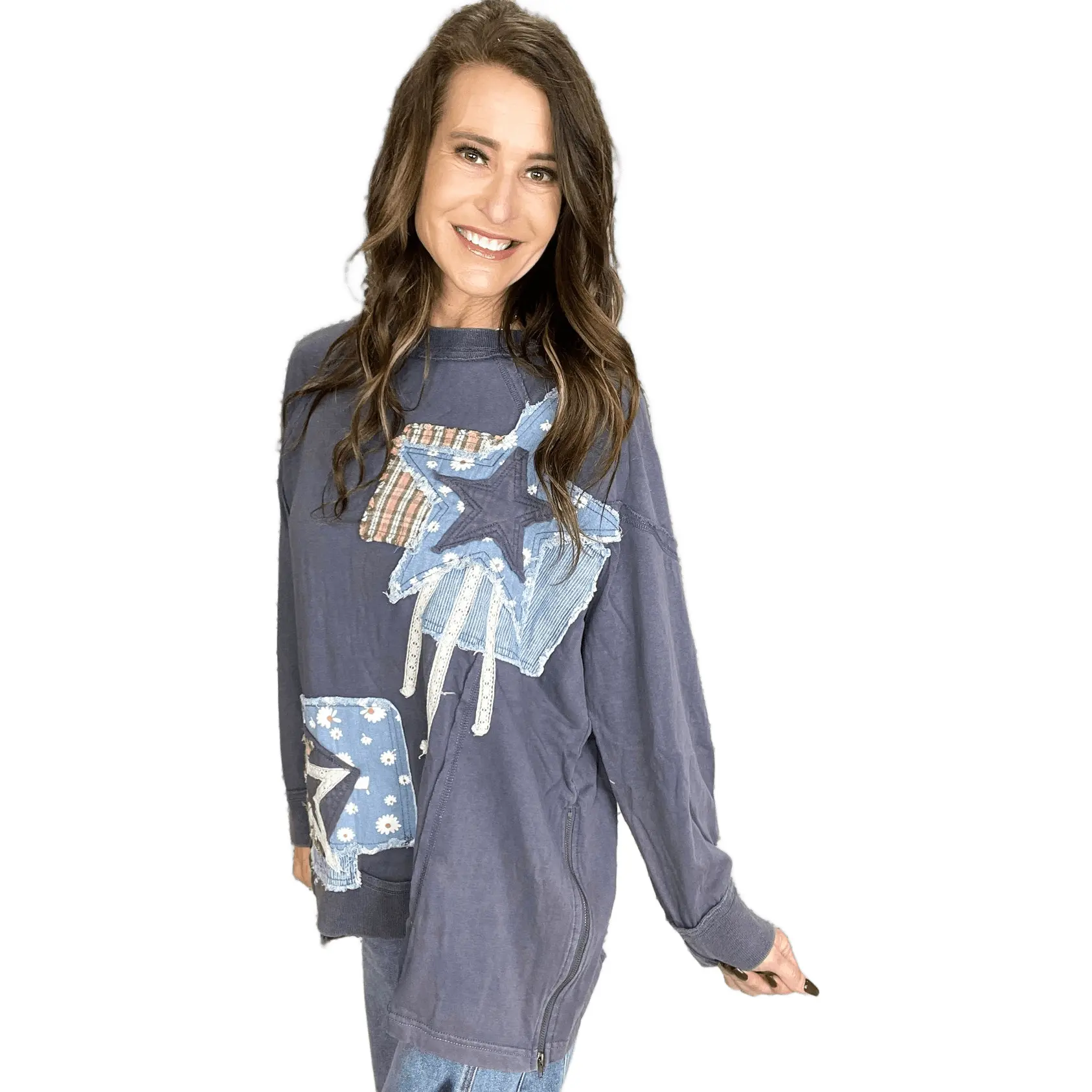 Wish Upon A Star Washed Patchwork Long Sleeve Top In 3 Colors