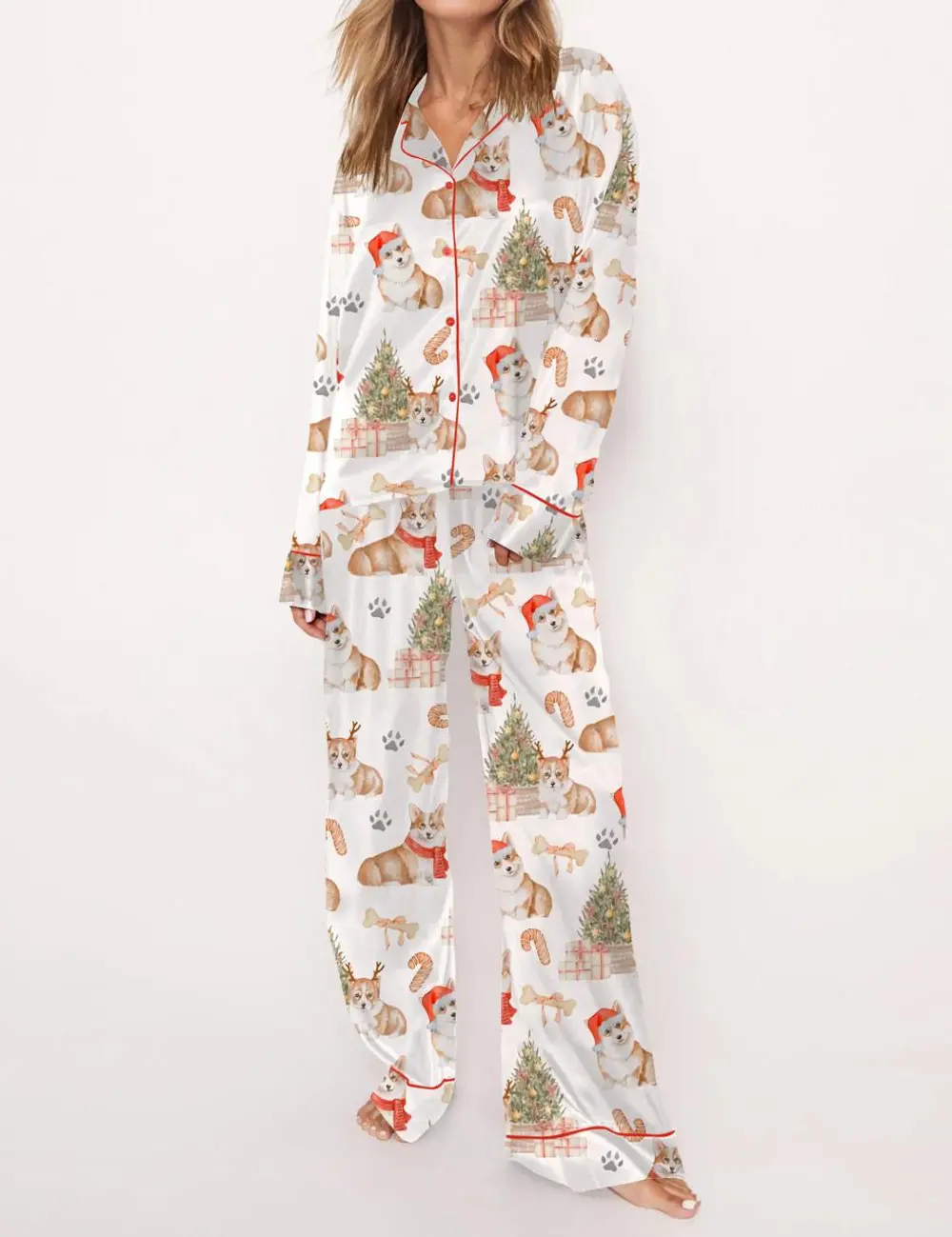 Corgi Christmas Satin Pajama Set For Women – Soft Silky Sleepwear, Cozy Bookish Loungewear, Perfect Present for Fantasy Lovers - Gift Shirt on Mother Day