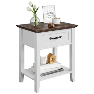 Small Night Stand Bedside Tables, End Table with Drawer & Storage Shelf, 2 Tiers Farmhouse Night Stands, Rustic White Nightstand for Living Room Bedroom, Study, Office, Easy Assembly