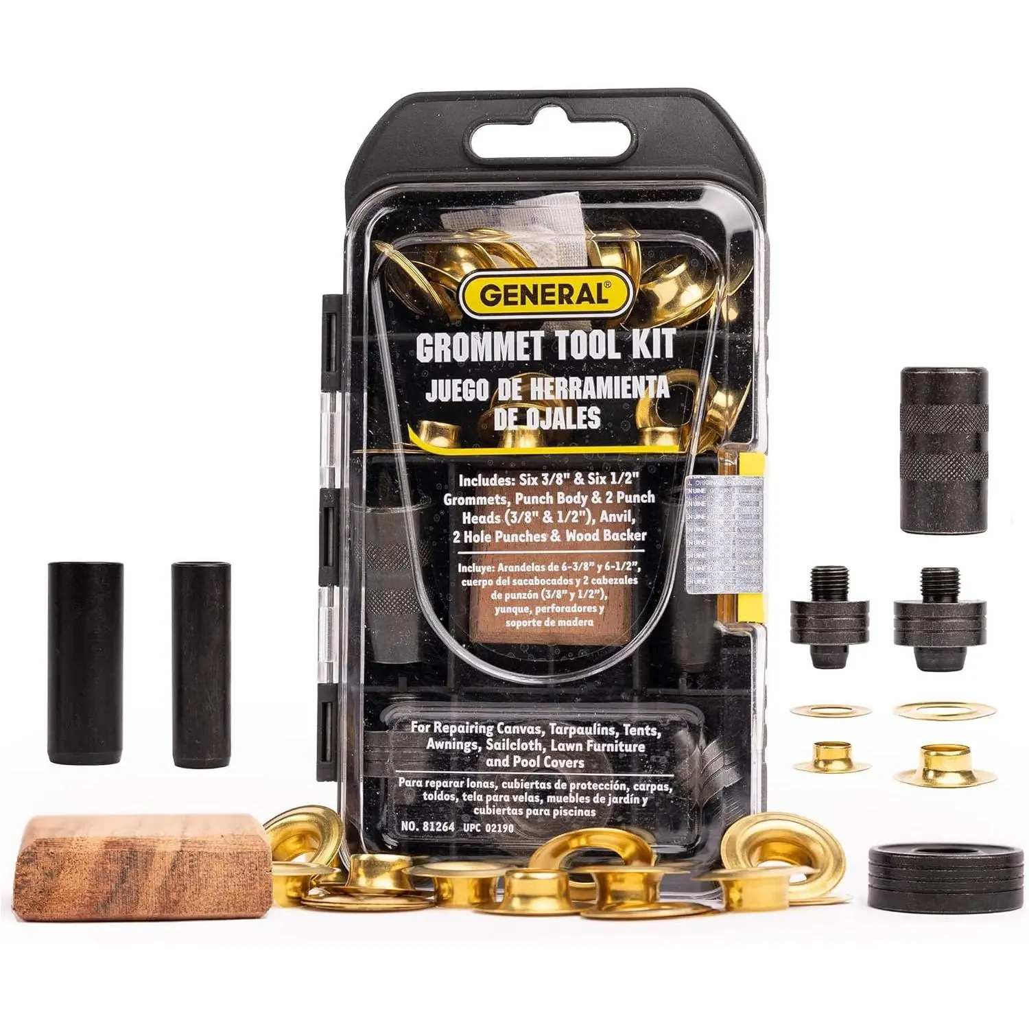 Rustproof Solid Brass Grommet Full Kit - 3/8"-1/2" Sizes, 2 Hole Punches & Wood Backer, Size-Coded Anvils, Knurled Grip for Tarp Repairs, Canvas Reinforcing, Grommet Kit