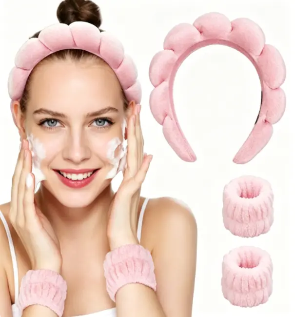 Women's Pink Soft Spa Headband-Wristband Set with Flower Hair Claw, Sports Headband for Washing Face, Shower Skincare Accessories