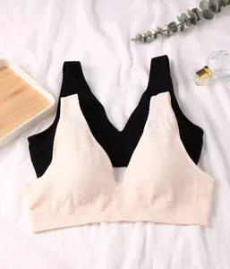 Women's V-Neck Ribbed Seamless Wireless Bralette - Minimalist, Simple, Basic Loungewear Underwear with Padded Support, Matching Fit