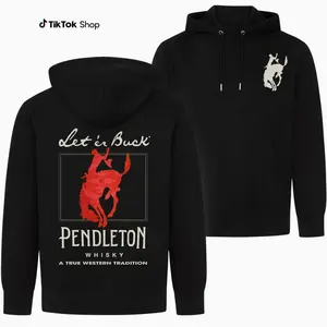 Pendleton Whisky Cowboy Riding Horse Hoodie 2 Sided, Let ’er Buck Graphic Western Style, For Men Women, Outdoor Casual Wear, Ideal Gift For Rider, Dad, Classic Crew Neck Tee R