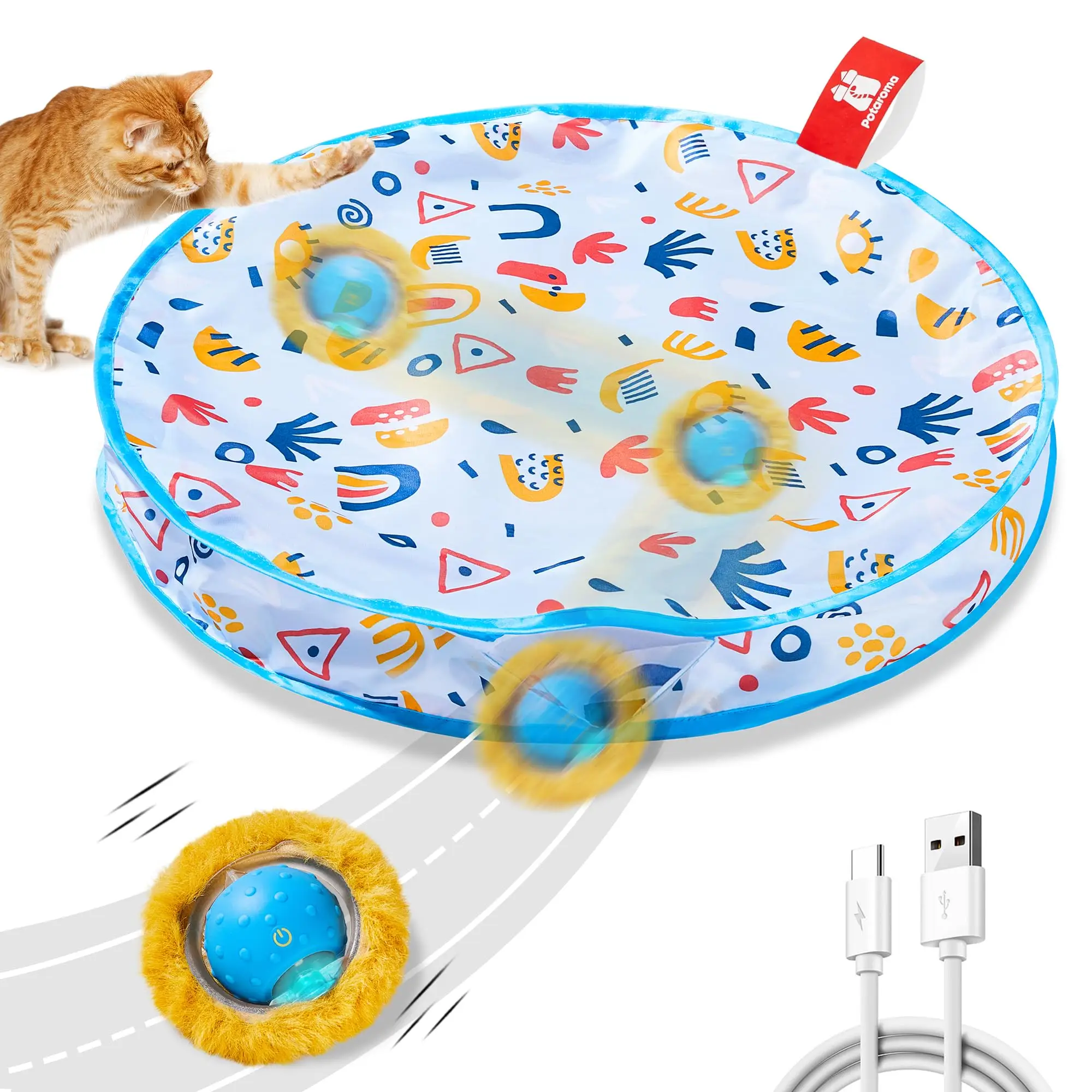 Potaroma Interactive Cat Toys, Fast Rolling Ball in Play Mat, Motion Activated Automatic Moving Ball Hide and Seek Game for Indoor Exercise Kicker, 28