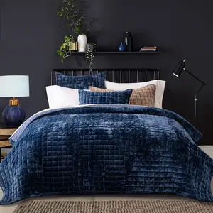 Velvet Quilt King Size, Lightweight Velvet Comforter, Oversized Bedspread Coverlet Quilted, with 2 Matching Pillow Shams, for, Navy Blue
