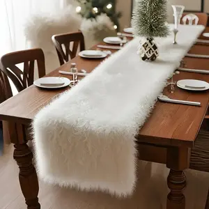 Luxurious Faux Fur Table Runner, Elegant Rectangular Polyester Blend, Soft Texture for Festive Dining, Holiday Table Decor