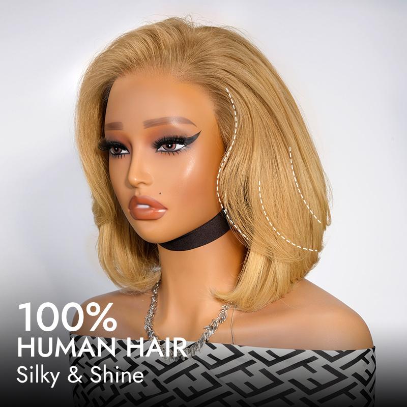 [Clearance]AliPearl Wigs Honey Blonde Pre Styled Straight Layered Glueless 13x4 Lace Front Wig Short Bob Ready to Go Pre Cut Pre-Plucked Wig Human Hair 180% Density