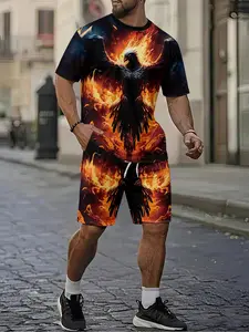 Men's 3D Digital Print Two-Piece Set, Inferno Phoenix Rebirth Short-Sleeve Set, Trendy Casual Two-Piece, Beach Vacation Style Trendy Outfit, Lightweight and Breathable Sports-Casual Style, Perfect Gift for Men on Festivals