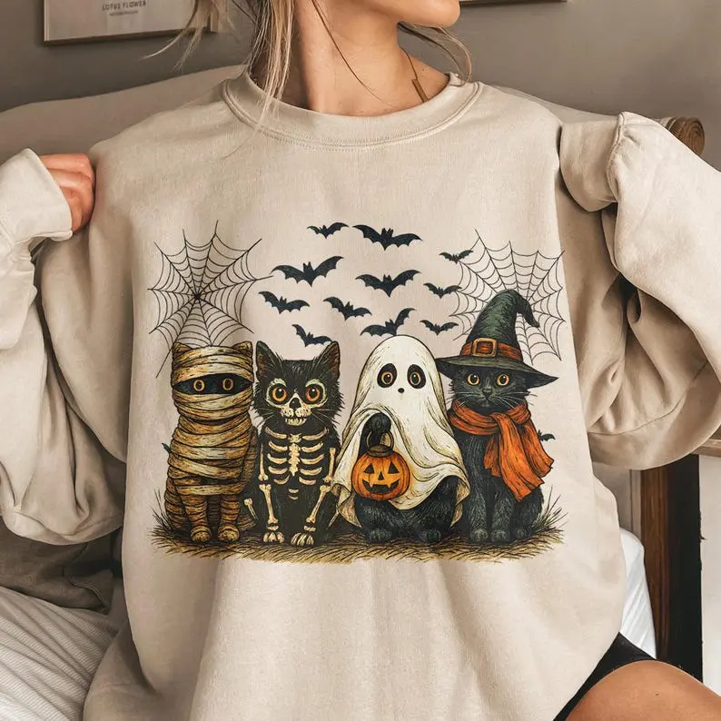 Black Cat Pumpkin Sweatshirt, Ghots Cat , Retro halloween Png, Gothic, Halloween Cat Mama Shirt, Autumn , Black Cat, Skeleton Cat  Sweatshirts Womenswear