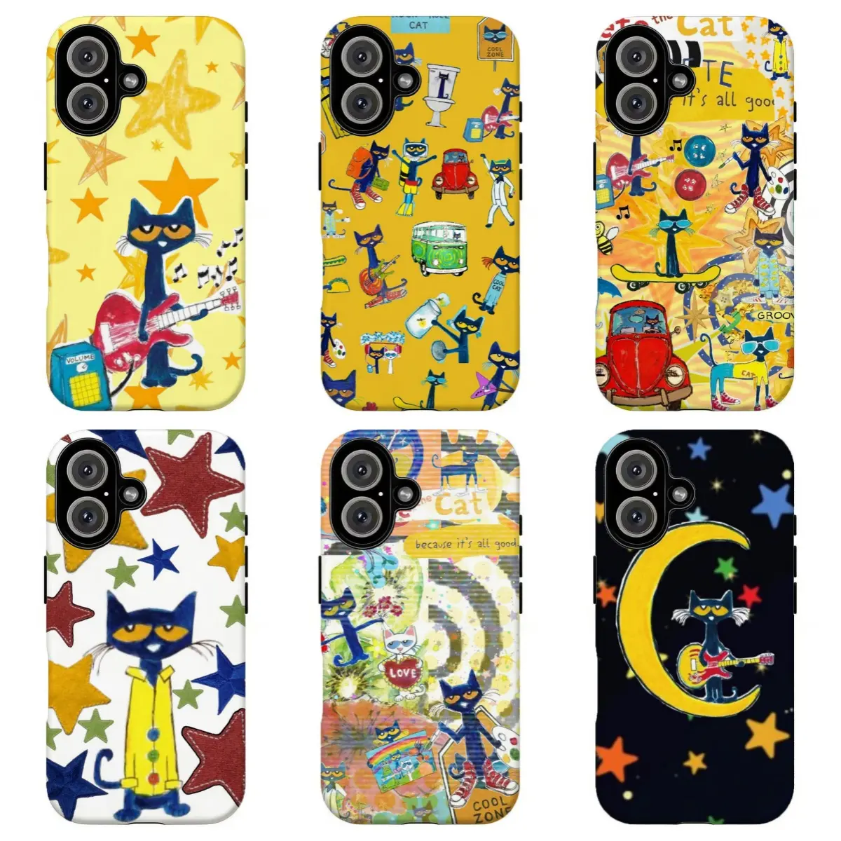 Peteee the Cat Groovy Starry Guitar Phone Case,Peteee the Cat Fun Collage Pattern Shockproof Phone Case For iPhone 11 12 13 14 15 16 17 Air Pro Max for Samsung S26 S25 S24 S23 S22 S21 Case,Gift for her/him