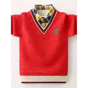 2025 Winter New Thickened Wool Lining Two-Piece Fashion Knitted Sweater Boys