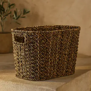 Brown Plastic Handmade Woven Single Slot Decorative Magazine Holder with Light Brown Accents