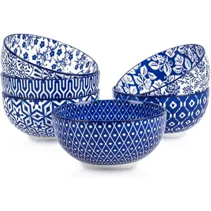 Ceramic Cereal Bowls Set of 6, 24 Oz Deep Soup Bowls For Kitchen, 5.9 Inch Porcelain Dessert Bowls For Salad,Pasta,Oatmeal,Ramen, Microwave Dishwasher Safe, Set of 6, Vintage Blue