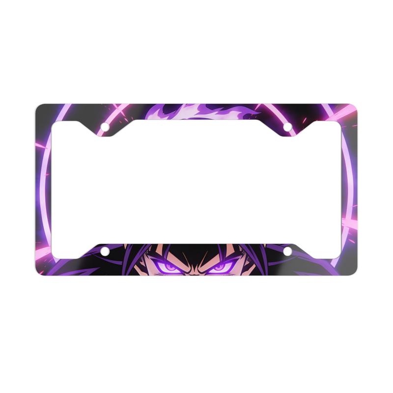 Purple Demon Eyes Metal License Plate Frame Anime Glow Car Accessory with Unique Cutaway Shape and Vivid Full-Color Printing