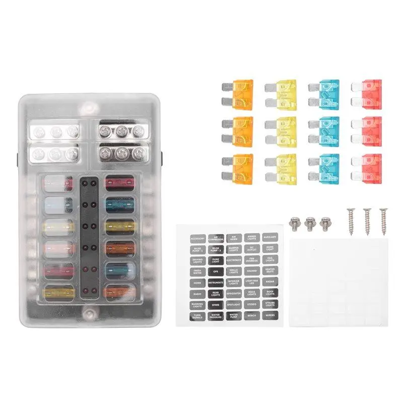 12V 12 Way Marine Fuse Block Fuse Panel with Ground & 12 Volt Fuse Box for Car Automotive Boat RV RZR
