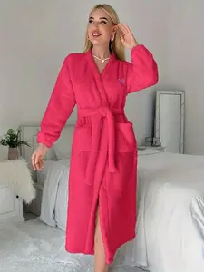 New Spring Autumn Women's Plush Long Robe with Belt and Heart Embroidery, Thick Warm Home Wear Bathrobe, Solid Color Pajamas