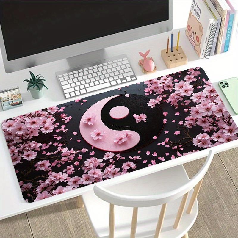 High Quality 1Pc Large Yin-Yang Cherry Blossom Gaming Mouse Pad With Non-Slip Rubber Base, Pink & Black Japanese Design - Oversized Desk Mat For PC, Computer, Office & Gaming Setup, Washable Surface, Ideal Gift For Gamers & Professionals