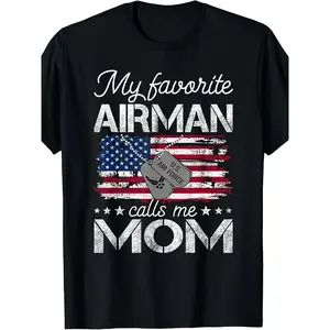 [100% Cotton] 100% Cotton My Favorite Airman Calls Me Mom Air Force Mom T-Shirt - Parent Gift, 220GSM Heavyweight Cotton, Retro Air Force Graphic Tee, Unisex XL Black Shirt for Air Force Moms & Family Pride