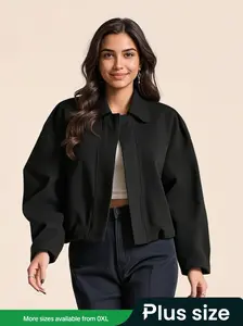 Women's Military Style Short Jacket, Spring & Fall Casual Loose Fit Design, Unique Plain Color Fashion Outerwear for Daily Wear