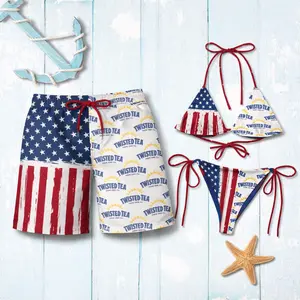 Patriotic Couple Swimwear Set – USA Flag String Bikini & Matching Board Shorts, Independence Day Beachwear
