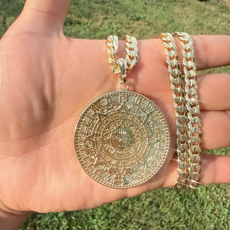 Gold Plated Aztec Calendar  Pendant, Jewelry Accessory for Gold Necklaces
