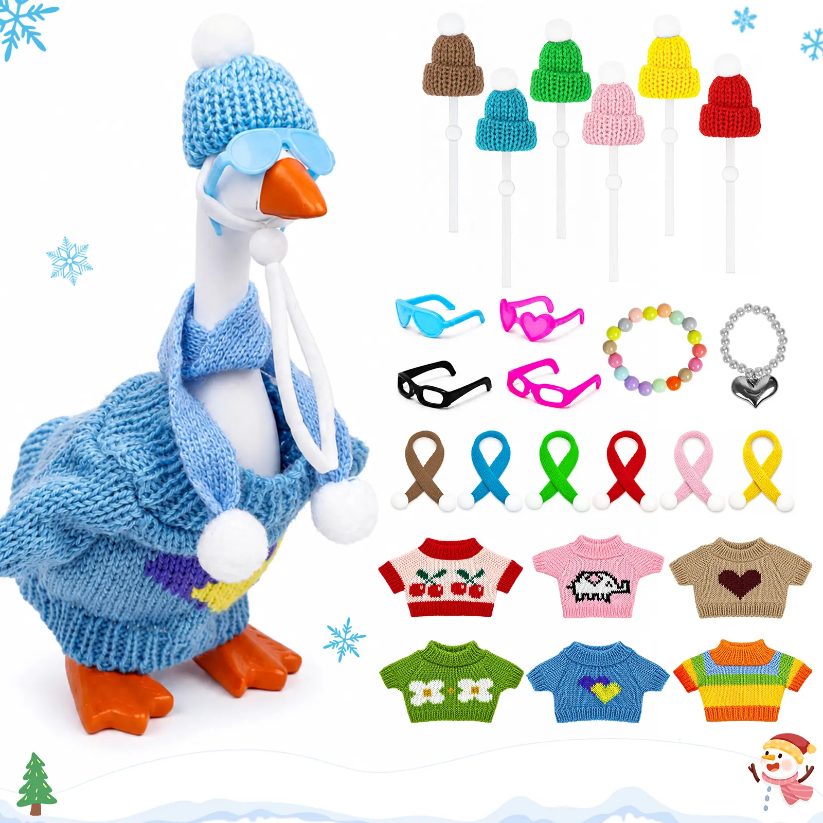 24-Piece Mini Desktop Goose Costume Set Includes a hat sunglasses necklace scarf and a sweater for the magnetic desktop goose and porch goose keychain—decorative items and office gifts (desktop goose figurine not included)