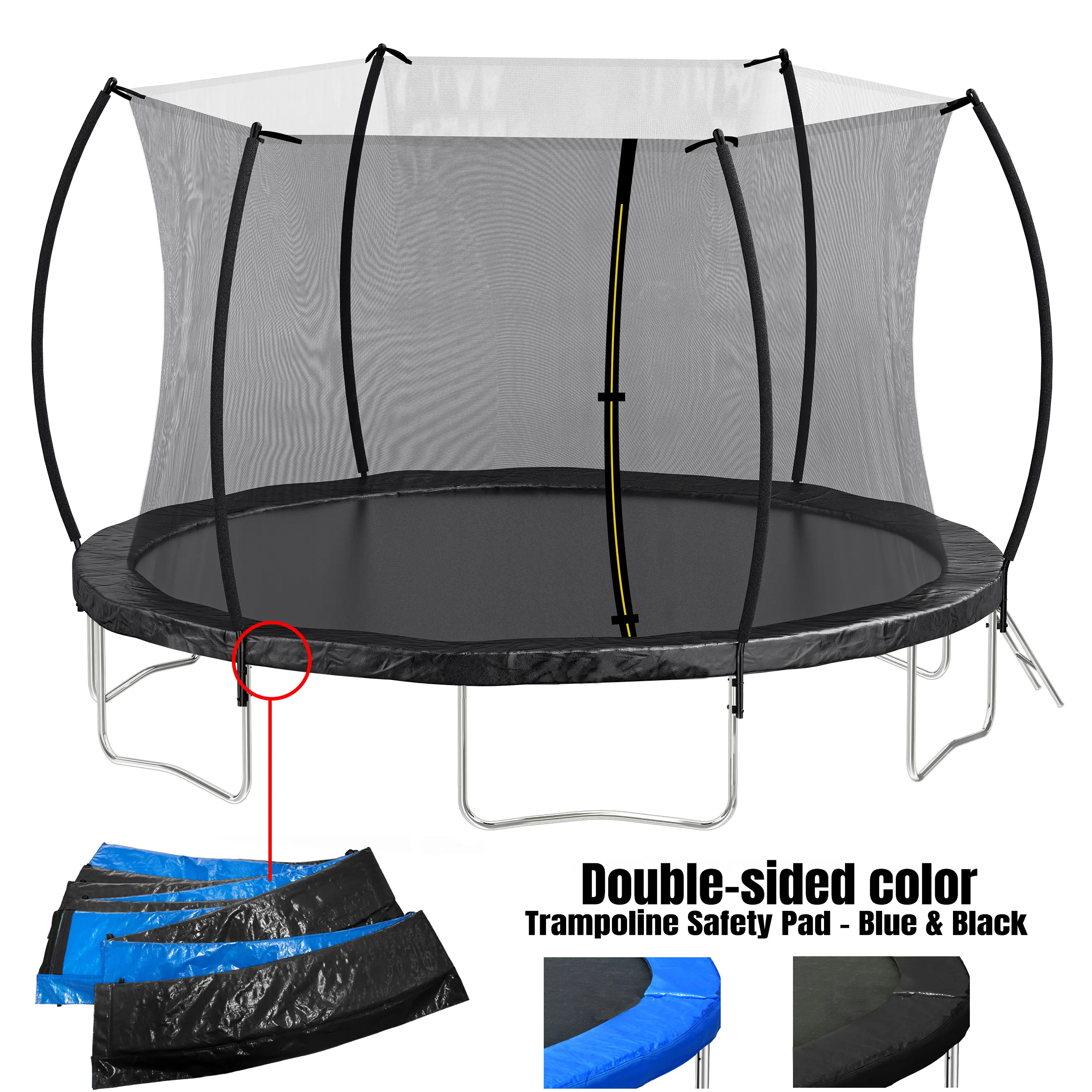 14FT Trampoline with Double-Sided Color Pad, Arc-Shaped Fence Poles, 360-Degree Safety Net, 72 Galvanized Steel Springs, Double-Door Enclosure, Durable Soft Build, Ladder, Easy Assembly for Kids' Play & Adults (Blue and Black Spring Cover)