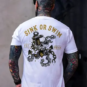 SINK OR SWIM Skull With Dagger&Octopus Tentacles Print Men's T-shirt, Top Menswear, Cotton Tee Shirt Casual Streetwear