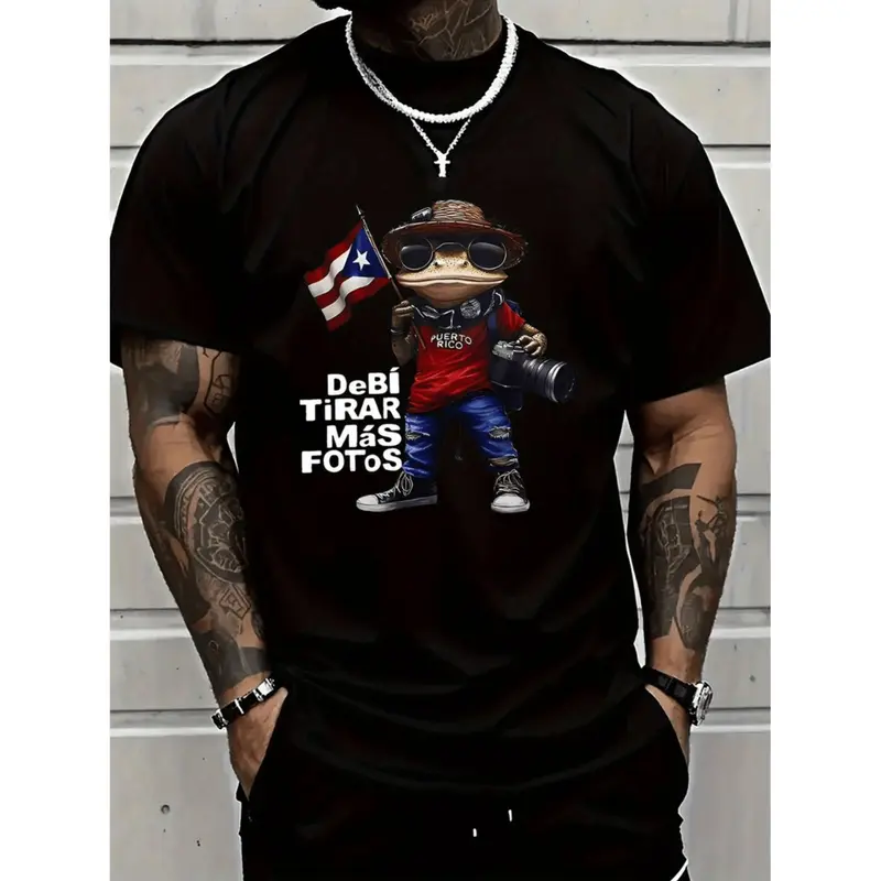 1pc Men'S 100% Cotton Puerto Rico Flag Tree Frog Pattern T-Shirt-"Debi Tierra Mas Fotos" Design, Casual Crewneck Summer Short Sleeve Shirt, Unique Holiday Gift Idea, Frog Print T-Shirt, Durable Fabric