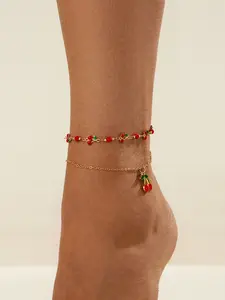 Beaded Multi-Layer Anklet Set, Cherry Design, Cute Style, Zinc Alloy Material, Spring Summer Fashion Accessory