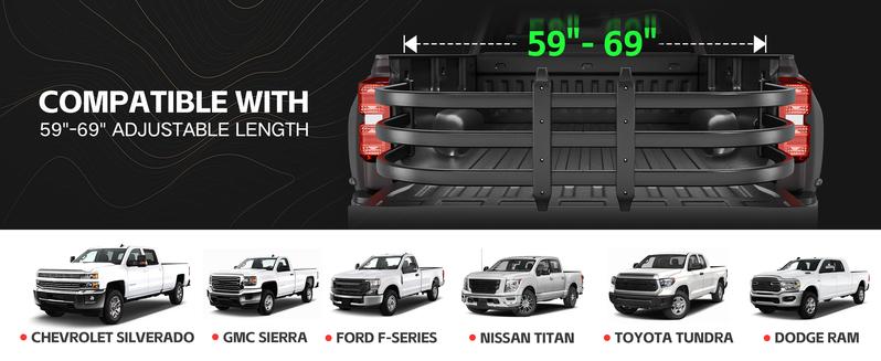 Truck Bed Extender, Aluminum Retractable Tailgate Extender, 59"-69" Adjustable Length, Drill Required, Fits for Chevy Silverado & GMC Sierra, Ford F-Series, Dodge Ram, Tundra, Nissan Titan