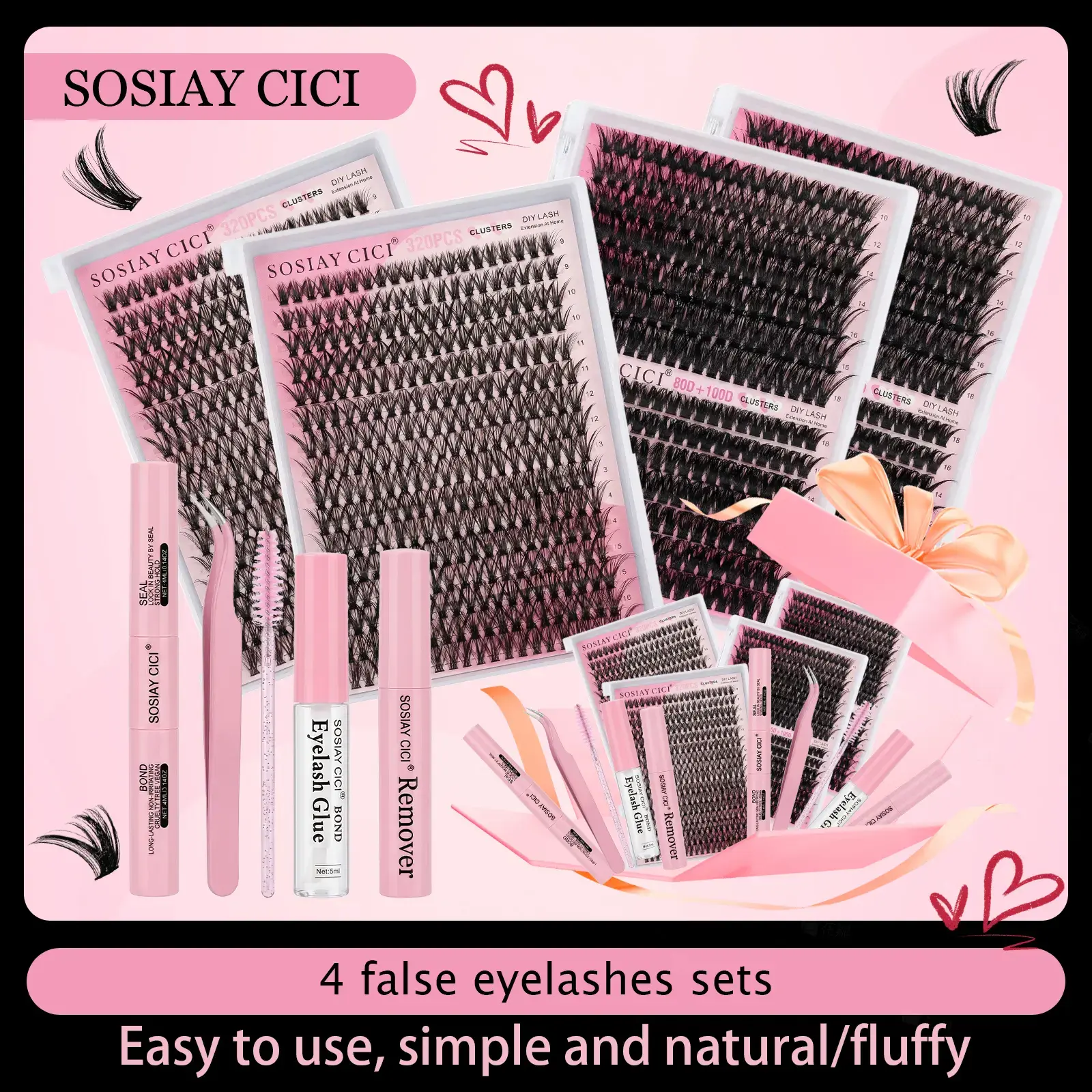 DIY False Eyelash Extensions Kit for Beginners - 320-Piece D-Curl Cluster Lashes with Eyelash Bond and Seal for Natural Makeup Look