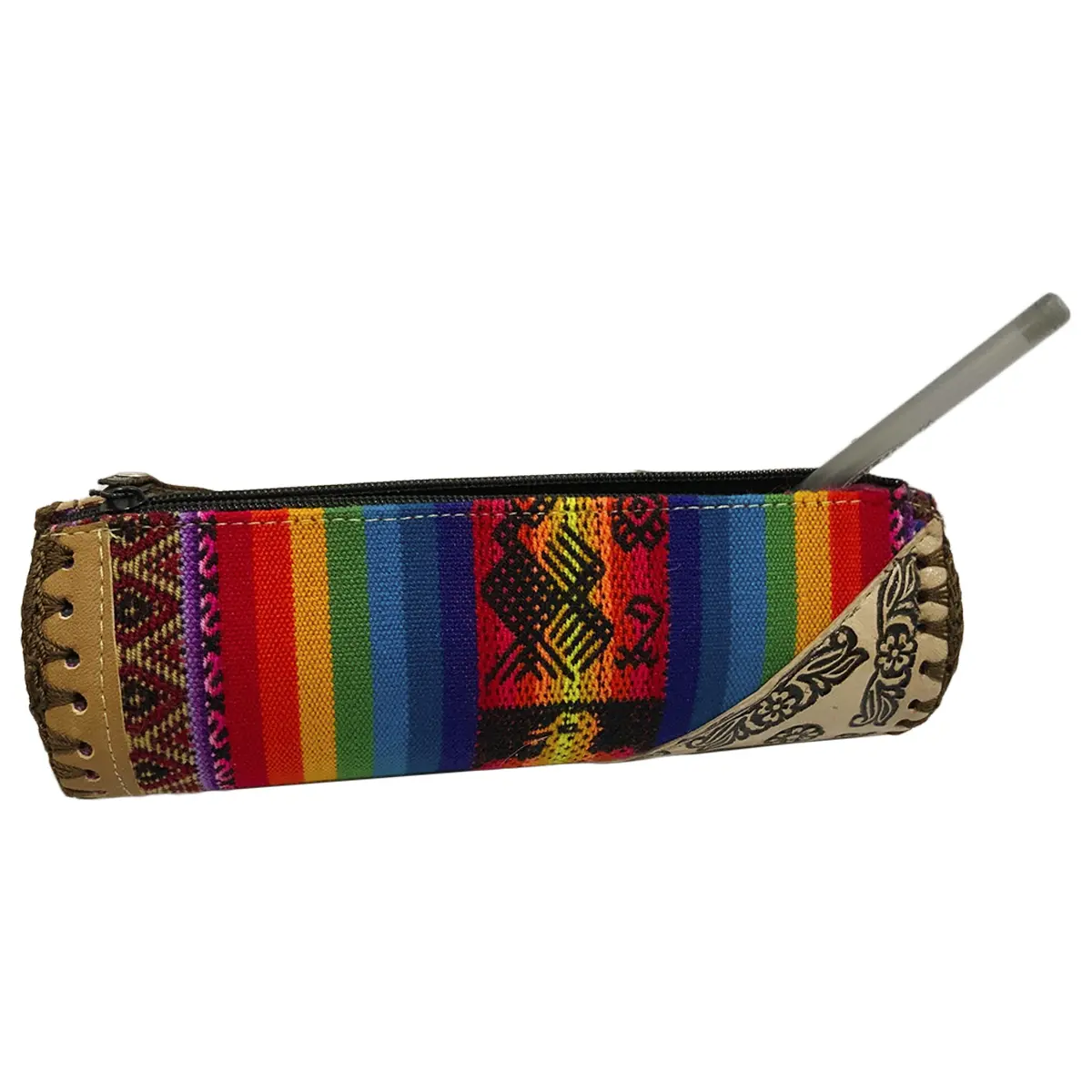 New Peru Cusco Women Textile Fabric Embossed Leather Boho Pencil Case Makeup Bag