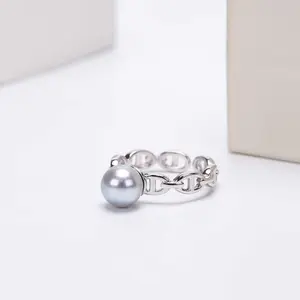 rue Gray Akoya! 7-8mm Seawater Akoya Round Pearl 925 Sterling Silver 2.59g Pig Nose Chain Ring Auction