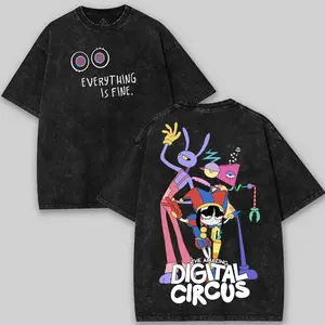 The Amazing Digital Circus Washed Cotton Shirt, TADC Shirt, Graphic Tee, Cartoon Double Printed Vintage Washed Tee Cotton T-shirt Fabric Menswear Top Collar W19