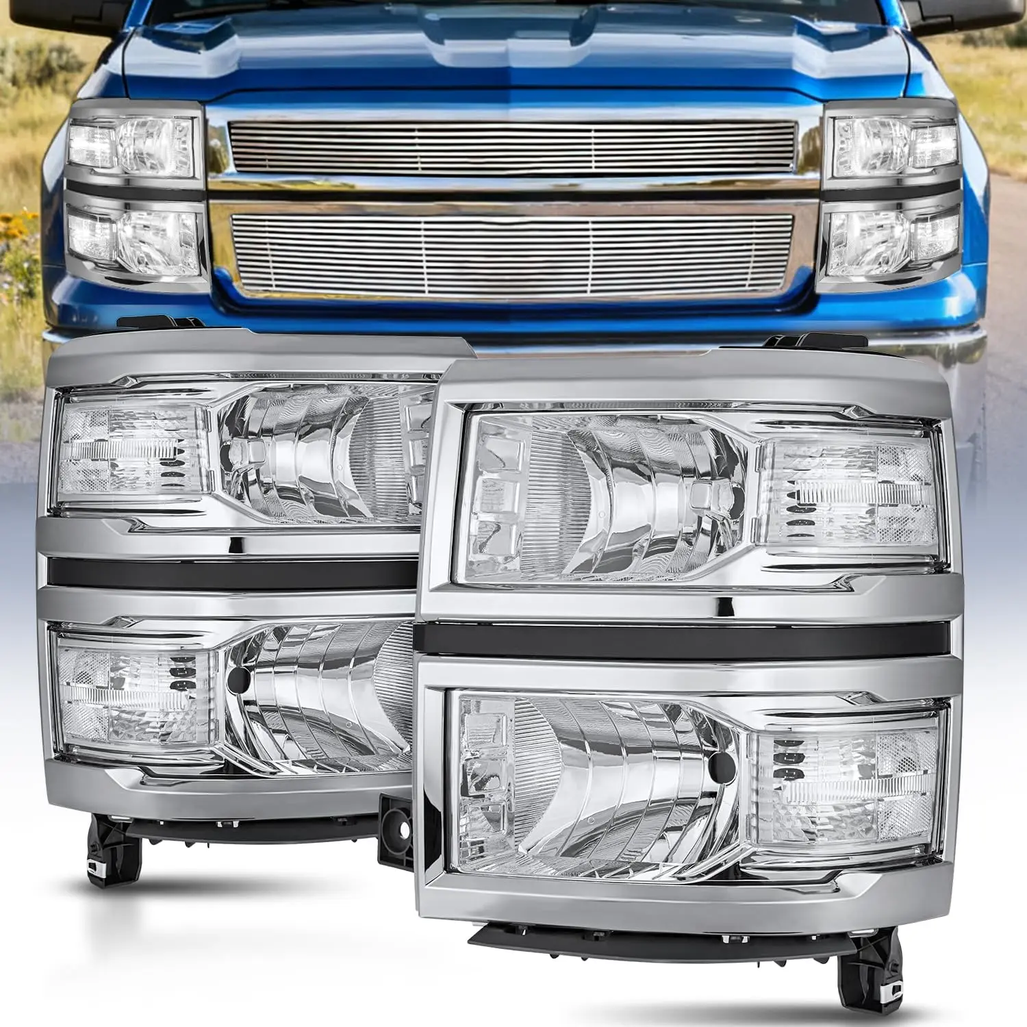 Nilight Headlight Assembly, Truck Accessories, Compatible with 2014-2015 Chevy Silverado 1500 Pickup Truck, Chrome Housing Clear Reflector Replacement Headlamps for Driver and Passenger Sides