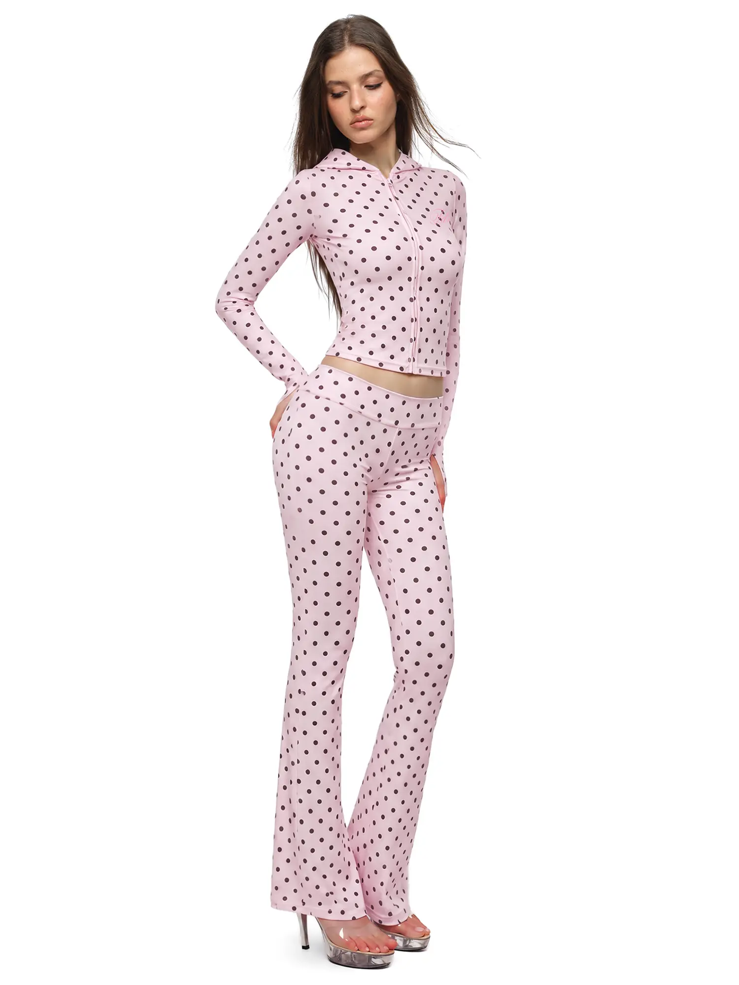 FDR Polka Dot Zip Up Hoodie and Flare Pants Set Women's Slim Fit Y2K Two Piece Outfit Streetwear