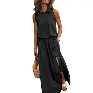 2025 cross-border summer new Amazon European and American women's clothing crew neck sleeveless dress split-ended multi-color solid color long dress