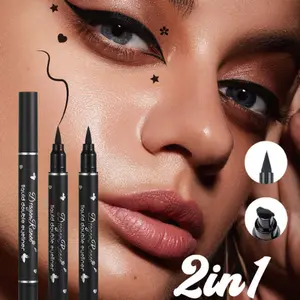 2 IN 1 Eyeliner Pen Stamp Long-Lasting Waterproof Black Liquid Eye Liner Pencil Temporary Tattoo Eyes Makeup Cosmetic