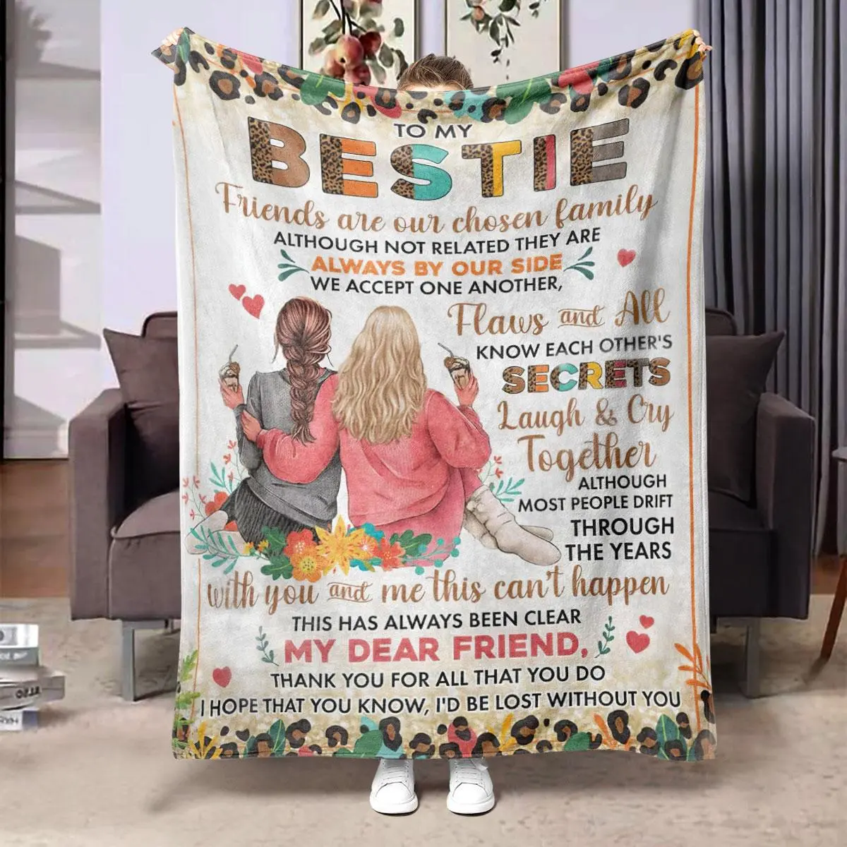To My Bestie Pattern Blanket, 1 Count Soft and Comfortable Air-conditioned Room Throw, Warm Nap Blanket for Home, Office, Outdoor Camping