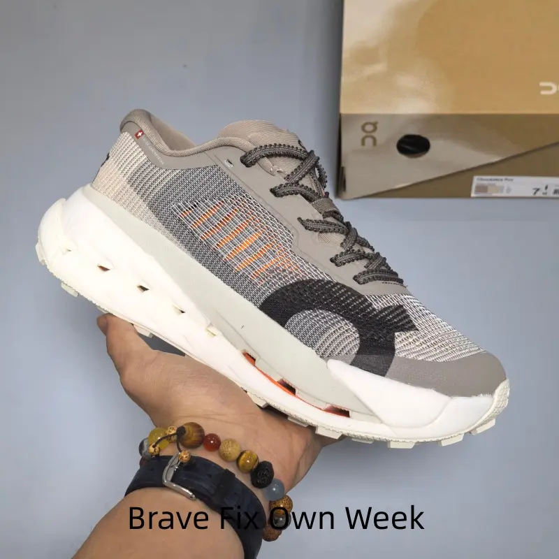 Hollow Rocker Cushion All-Terrain Trail Running Sneakers, Breathable Fine Mesh Taupe Gray Orange Multi-Tone Unisex Trainers, Deep Lug Anti-Slip Rugged Outsole, Ideal for Cross-Country Trail Jogging & Warm Earth-Tone Outdoor Outfits